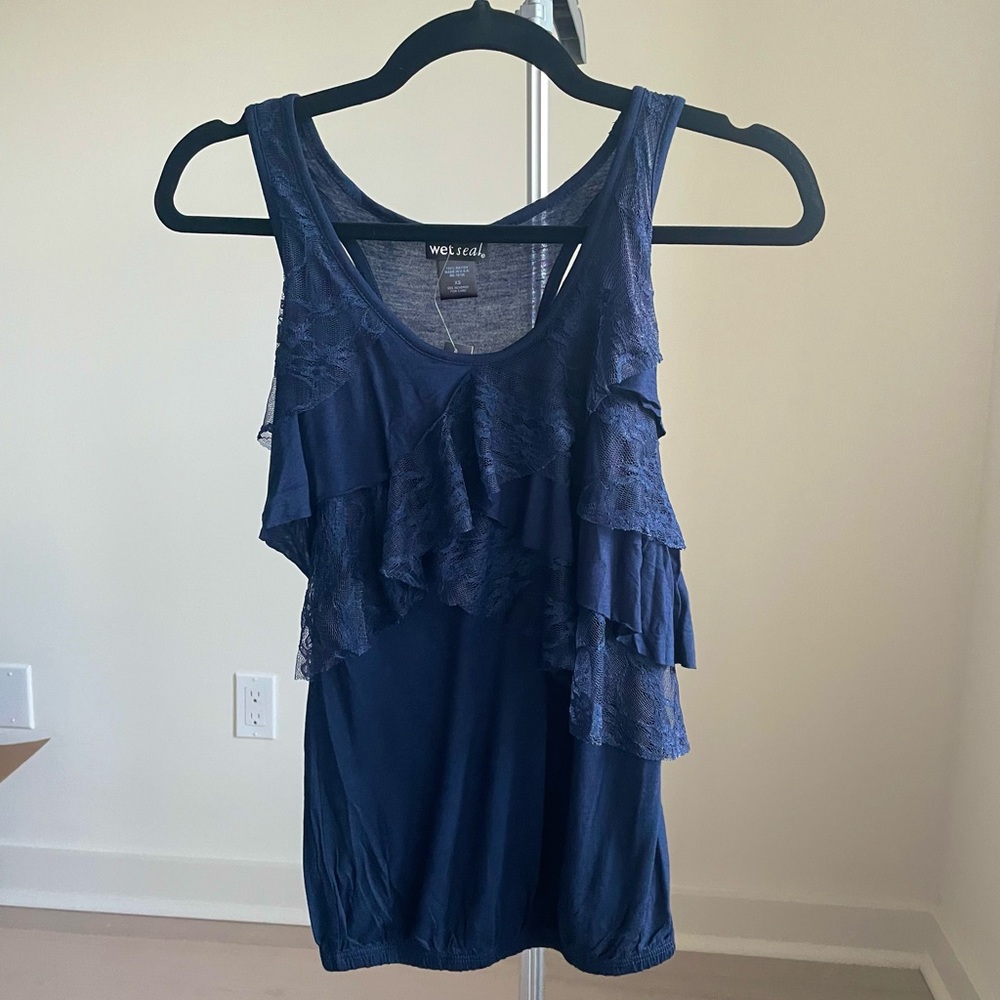 NWT XS Wet Seal Dark Blue Tank with chiffon layer detail